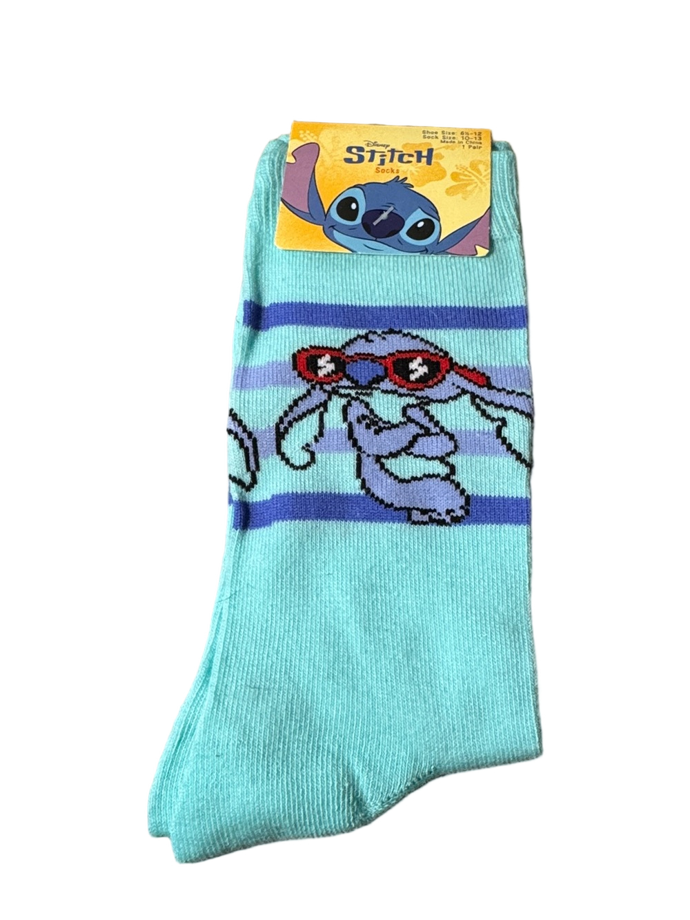 Disney Unisex Aqua Super Cool Lilo & Stitch Crew Socks with Red Sunglasses NWT